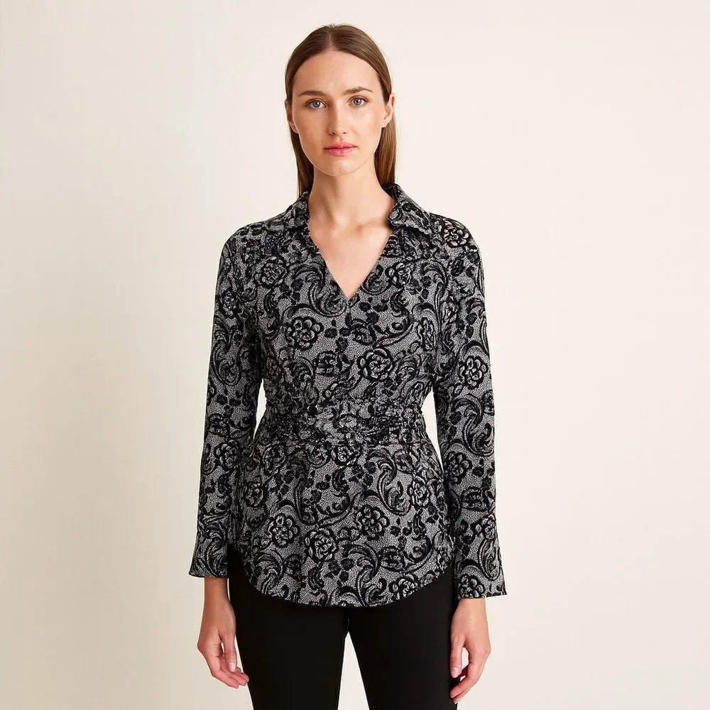 Apt. 9 Elegant Black and Gray long sleeve lace Paisley Blouse V Neck size PL